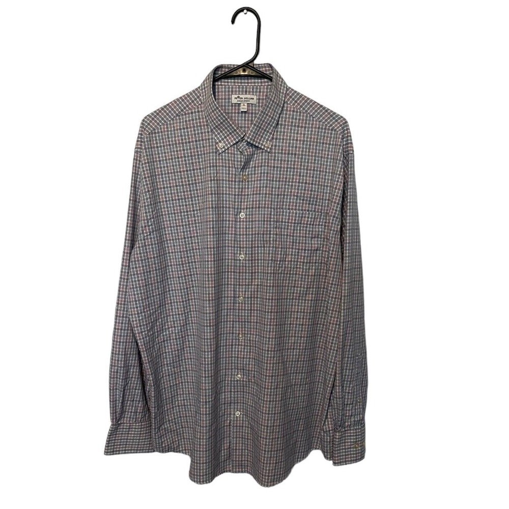 Peter Millar Button Down Shirt Mens XL Blue Red Plaid Summer Comfort Performance